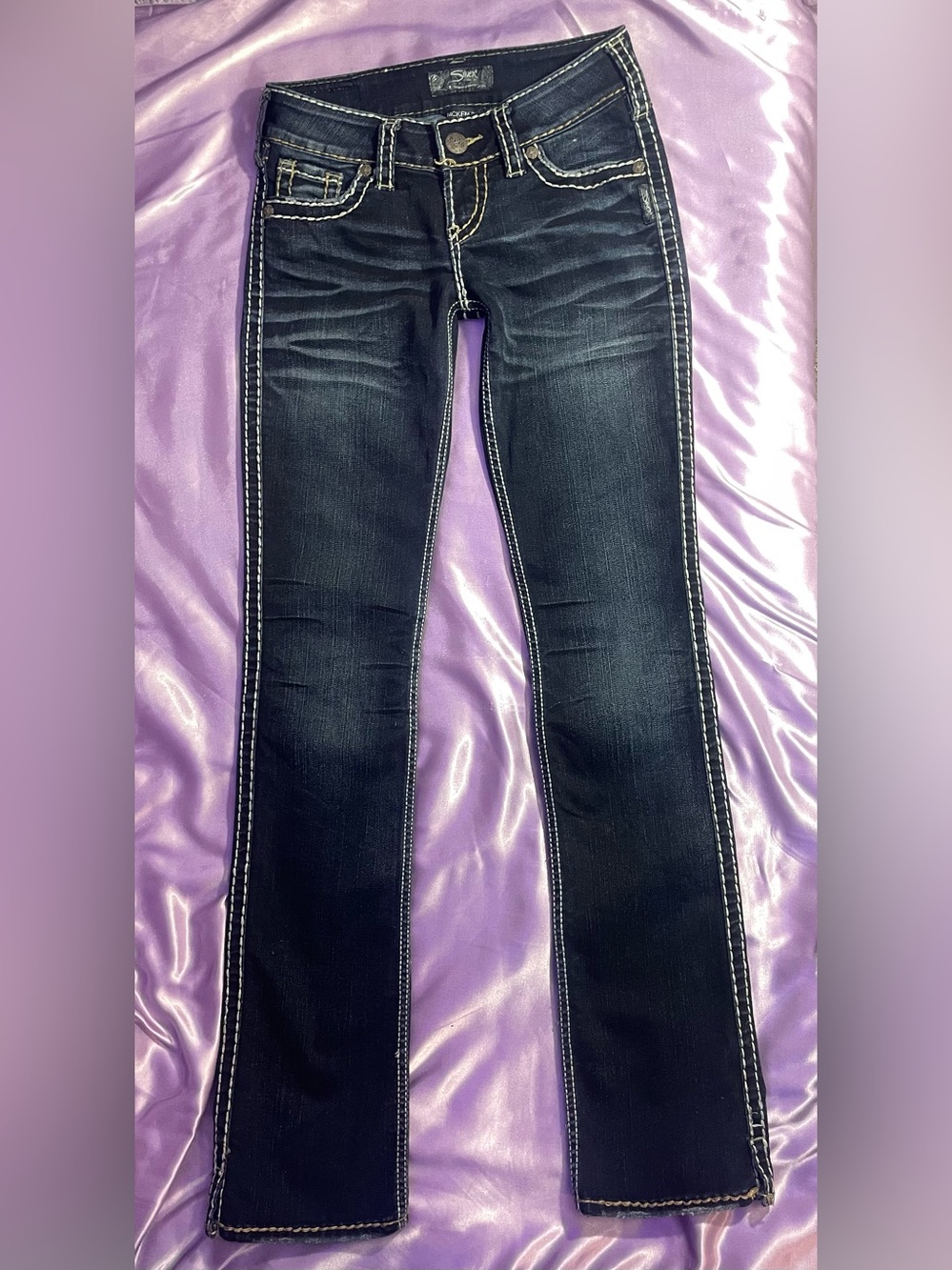 Vintage y2k Silver Low Rise Slim Bootcut 26/34” thick contrast stitching